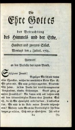 Hundert und zweytes Stück. Montags den 4 Julius. 1768