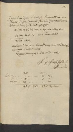 Zum hiesigen Königl. Postamt ist von Fürstl. Stifts-Cammer für die Correspondenz Jhro Königl. Hoheit, gezahlt ... Quedlinburg [den] 31. December 1792
