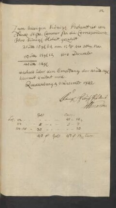 Zum hiesigen Königl. Postamt ist von Fürstl. Stifts-Cammer für die Correspondenz Jhro Königl. Hoheit, gezahlt ... Quedlinburg [den] 31. December 1792