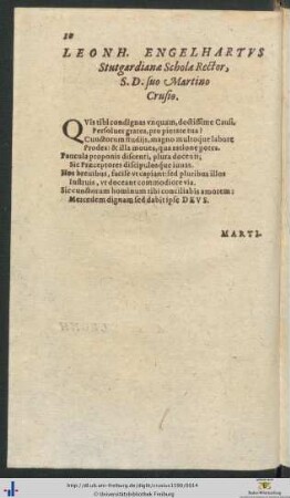 Leonhardus Engelhartus Salutem Dicit suo Martino Crusio