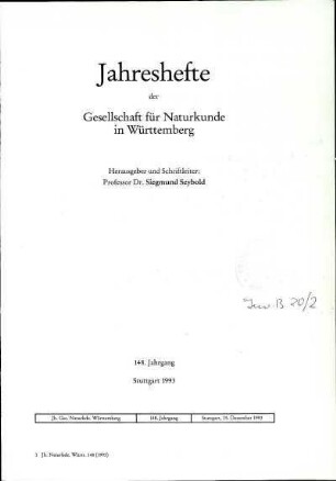 Bd.148, 1993: Jahreshefte der Gesellschaft für Naturkunde in Württemberg