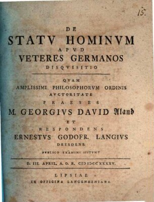 De Statv Hominvm Apvd Veteres Germanos Disqvisitio