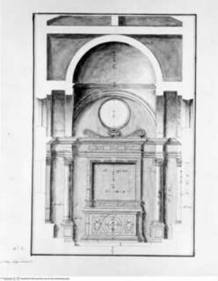 Cappella Emiliana nell'isola di S. Michiele di Murano, e quella di S. Anna nell'isola della Grazia, misurate e disegnate da me Tommaso Temanza., Tafel 2: Santa Maria della Grazia, Cappella di S. Anna?, Aufriss Innenansicht, Maßangaben