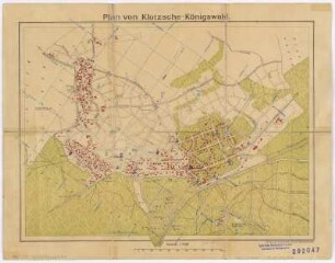 Plan von Klotzsche-Königswald, 1:10 000, Lithographie, um 1915 : Plan von Klotzsche-Königswald. - 1:10 000. - Kötzschenbroda : Globus , [um 1915]. - 1 Kt. : mehrfarb. ; 33 x 24 cm