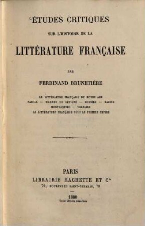 Études critiques sur l'histoire de la littérature française, I