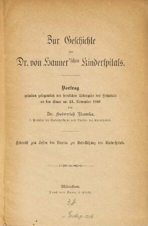 Zur Geschichte des Dr. von Hauner'schen Kinderspitals : Vortrag