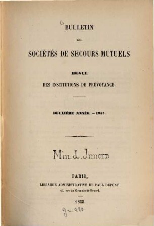 Bulletin des sociétés de secours mutuels : revue des institutions de prévoyance. 2. 1855