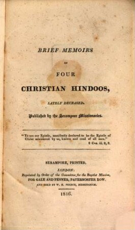 Brief memoirs of four christian Hindoos, lately deceased