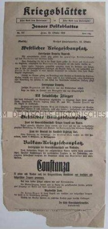 Extrablatt des "Jenaer Volksblattes" mit Kriegsnachrichten von verschiedenen Fronten