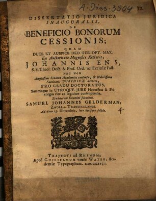 Dissertatio Iuridica Inauguralis, De Beneficio Bonorum Cessionis