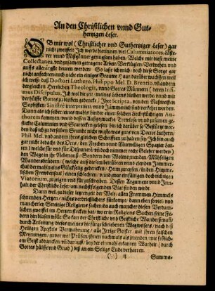 An den Christlichen unnd Guthertzigen Leser.