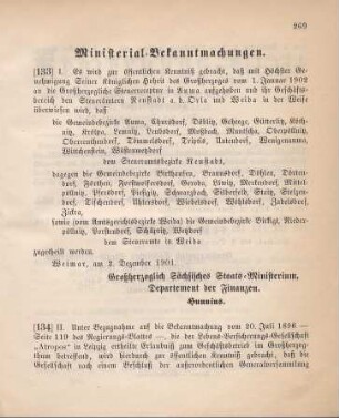 133. Ministerial-Bekanntmachung, betreffend Aufhebung der Großherzoglichen Steuerreceptur in Auma