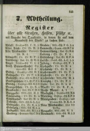 7. Abtheilung. Register über alle Straßen, Gassen, Plätze etc.