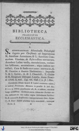 Bibliotheca Praecipue Ecclesiastica.