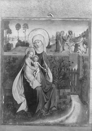 Die Anna selbdritt; im Hintergrund die Entkleidung Christi / Anna selbdritt
