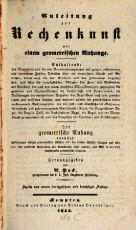 Anleitung zur Rechenkunst mit einem geometrischen Anhange