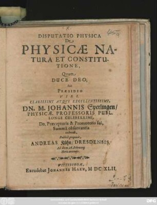 Disputatio Physica De Physicae Natura Et Constitutione