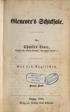 Glencore's Schicksale : Von Charles Lever. Aus dem Englischen, 3