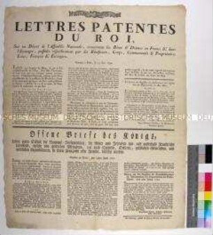 Patent von König Ludwig XVI. zum Dekret der Nationalversammlung betreffend die Gewerbesteuer für in- und ausländische Güter und Zehnten (in französischer und deutscher Sprache)