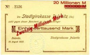 Notscheck über Zwanzig Millionen Mark [Überdruck auf 100.000 Mark]