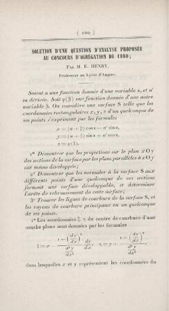 Solution d'une question d'analyse proposée au concours d'agrégation de 1880.