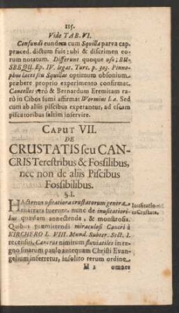 Caput VII. De Crustatis seu Cancris Terestribus & Fossilibus, nec non de aliis Piscibus Fossibilibus.