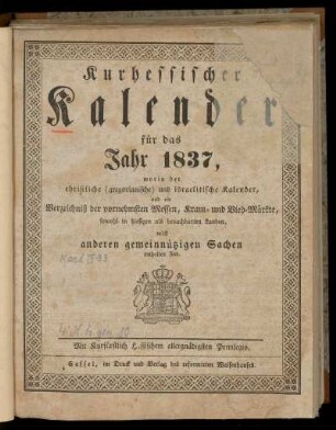 Kurhessischer Kalender 1837