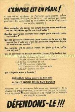 Propagandaflugblatt aus Vichy-Frankreich mit einem Aufruf zur Verteidigung der französischen Kolonien gegen die Briten