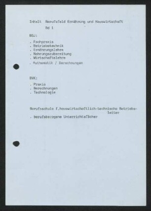 Inhalt Berufsfeld Ernährung und Hauswirtschaft