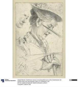 Porträt einer Dame im Hut, Brustbild nach rechts, Detailstudien der Handschuhe und Gesichtsprofil