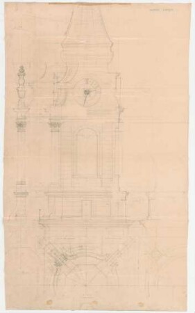 Thiersch, Friedrich von; Ludwigsburg; Garnisonkirche - Turm (Teilgrundriss, Ansicht, Teilansicht, Schnitte)