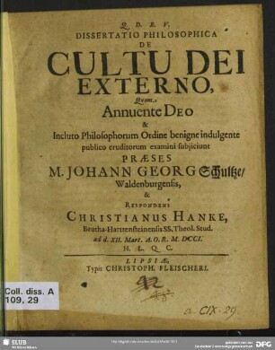 Dissertatio Philosophica De Cultu Dei Externo