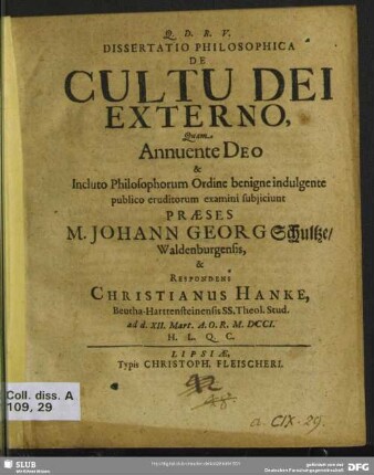 Dissertatio Philosophica De Cultu Dei Externo