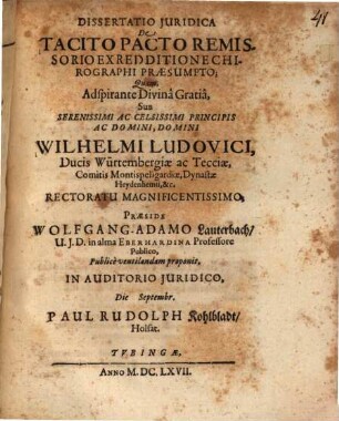 Dissertatio Iuridica De Tacito Pacto Remissorio Ex Redditione Chirographi Praesumpto