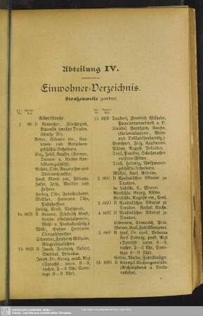 Abteilung IV. Häuserbuch : Abteilung IV. Einwohner-Verzeichnis. Straßenweise geordnet
