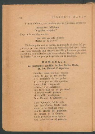 Homenaje : Al prestigioso caudillo de San Carlos Norte, Sr. Don Manuel J. Aparicio