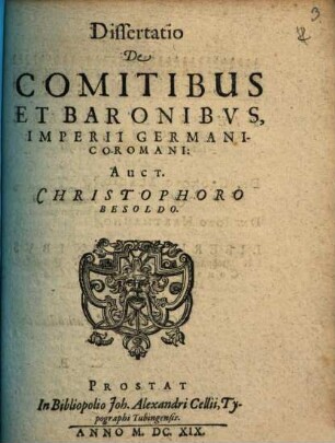 Dissertatio De Comitibus Et Baronibus, Imperii Germanico-Romani