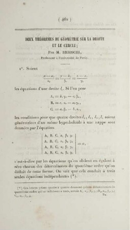 Deux théorèmes de géométrie sur la droite et le cercle.