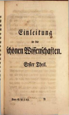 Einleitung in die Schönen Wissenschaften, 1