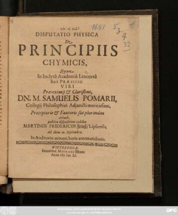 Disputatio Physica, De Principiis Chymicis