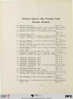 Steinzeug, Fayencen, Glas, Porzellane, Email, Elfenbein, Miniaturen (Nr. 104-221)
