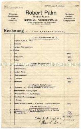 Rechnung der Möbelfabrik Robert Palm über den Kauf von Möbeln im Wert von 7.500,- - Familienkonvolut