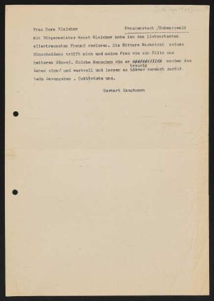 Brief von Gerhart Hauptmann an Dorle Blaicher