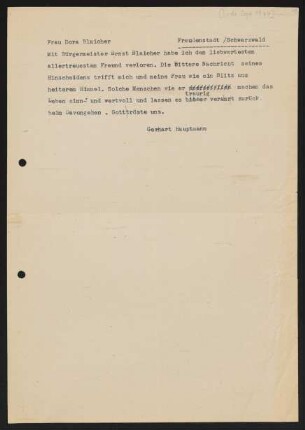 Brief von Gerhart Hauptmann an Dorle Blaicher
