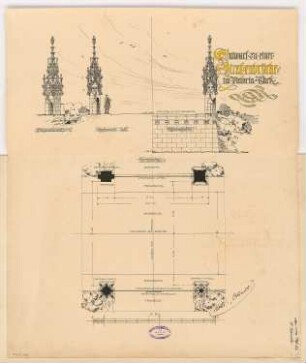 Brücke im Victoria-Park auf dem Kreuzberg, Berlin Monatskonkurrenz Mai 1892: Grundriss mit 4 Horizontalschnitten der Pfeiler, 2 Pfeileransichten, Querschnitt 1:50; Maßstabsleiste