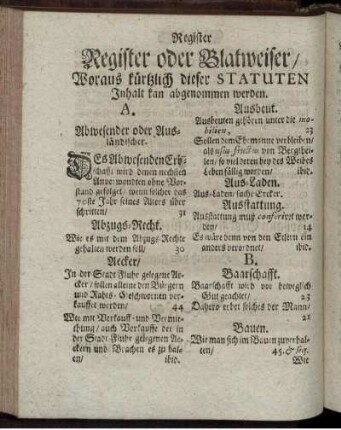 Register oder Blatweiser woraus kürzlich dieser Statuten Inhalt kan abgenommen werden.