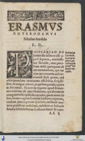 Erasmus Roterodamus Nicolao Beraldo Salutem Dicit