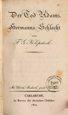 F. G. Klopstocks sämmtliche Werke. 8, Der Tod Adams. Hermanns Schlacht