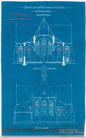 Heilige Familie-Kirche, Lünen: Querschnitt und Choransicht der Kirche 1:100