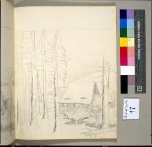 Verschneiter Wald mit Bach und Häusern